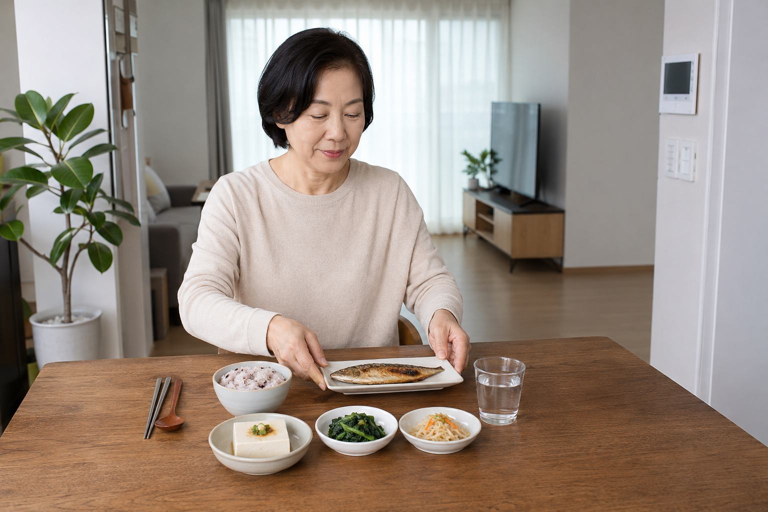 잡곡밥과 생선 두부 채소로 균형 잡힌 식사를 준비하는 중년 여성