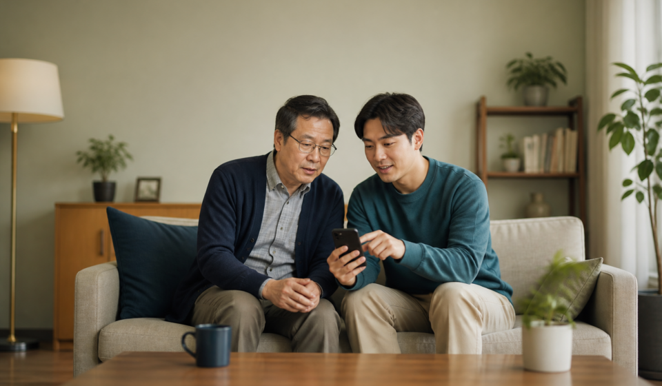 아버지와 아들이 스마트폰 보안 설정을 함께 확인하는 모습