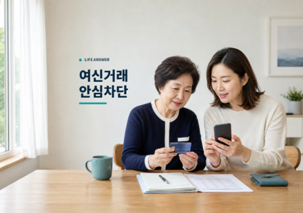 부모님과 자녀가 휴대전화와 카드를 보며 금융안전을 확인하는 모습