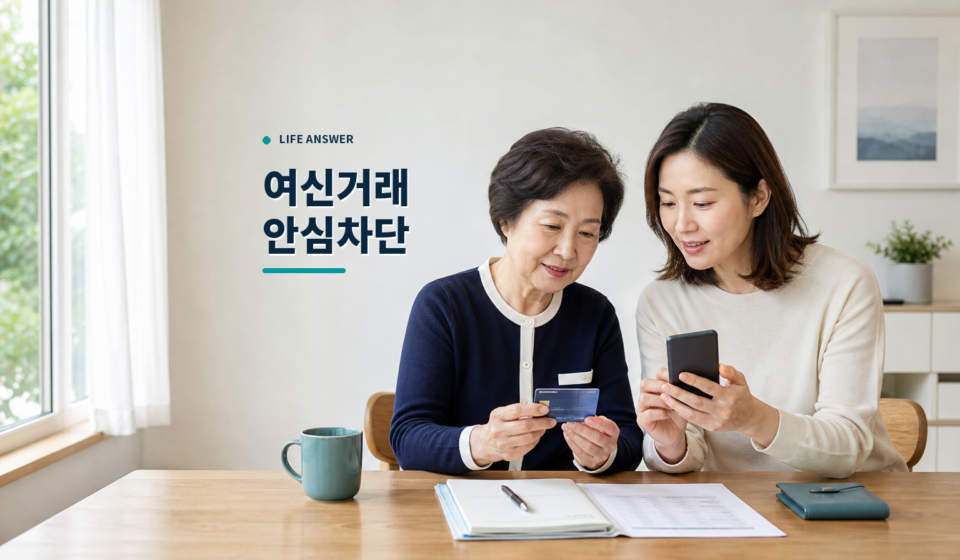 부모님과 자녀가 휴대전화와 카드를 보며 금융안전을 확인하는 모습