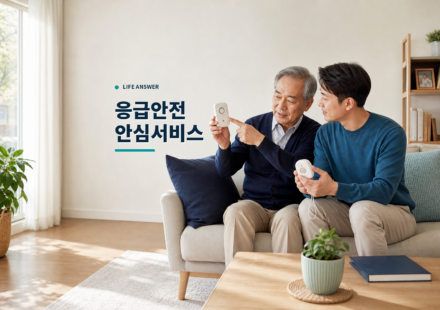 혼자 사는 부모님과 자녀가 가정용 응급안전 장비를 확인하는 모습