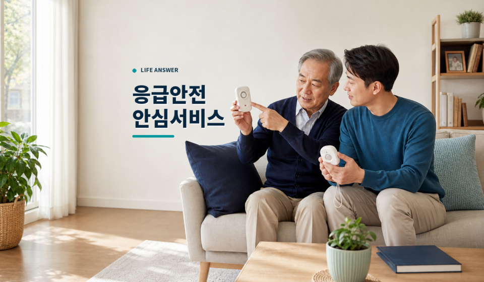 혼자 사는 부모님과 자녀가 가정용 응급안전 장비를 확인하는 모습