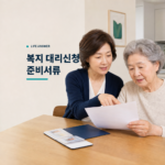 자녀가 어머니와 함께 복지 대리신청 서류를 확인하는 모습