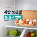 냉장고 안쪽 선반의 종이 포장에 담긴 계란