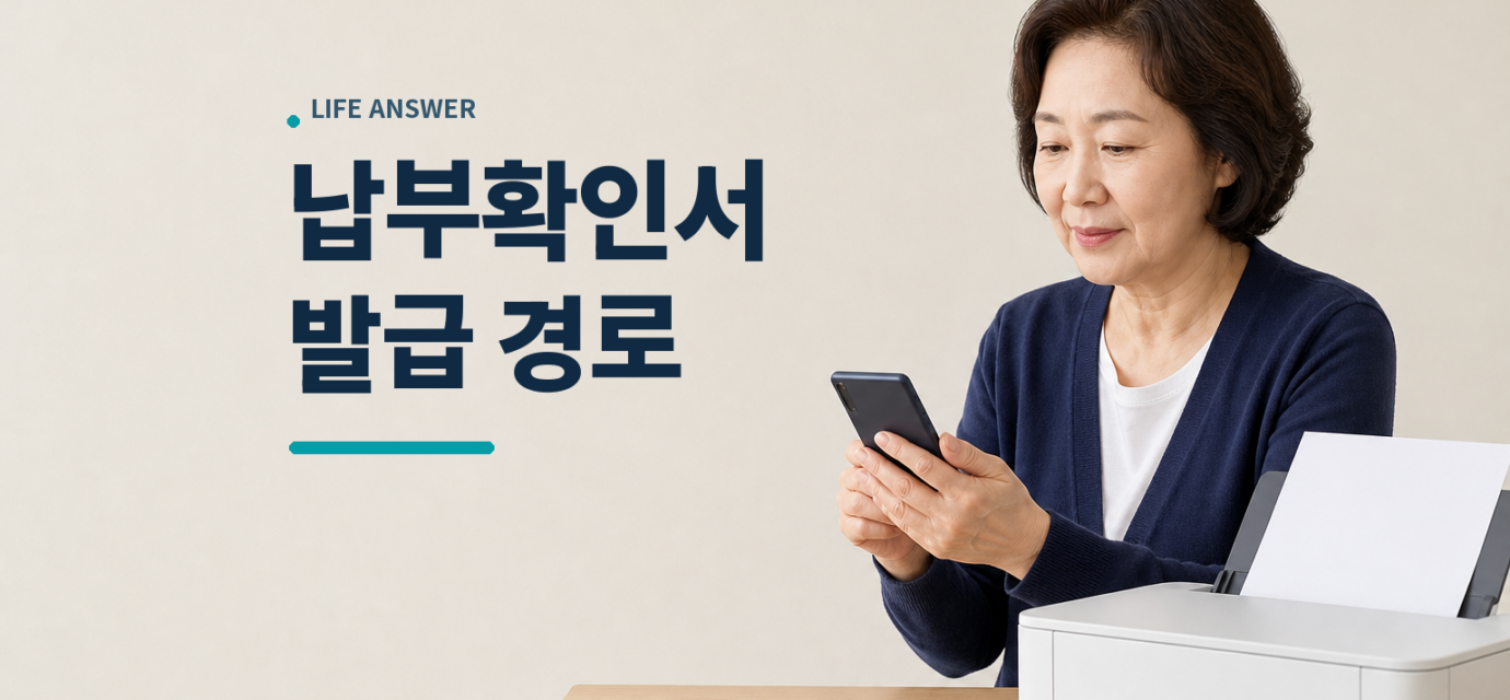 중장년 여성이 스마트폰과 프린터로 건강보험료 납부확인서를 준비하는 모습