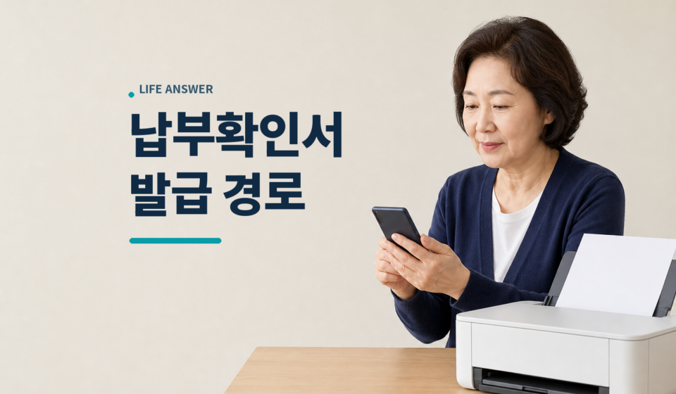 중장년 여성이 스마트폰과 프린터로 건강보험료 납부확인서를 준비하는 모습