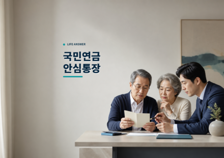 부모님과 자녀가 금융기관 상담 창구에서 국민연금 안심통장을 확인하는 모습