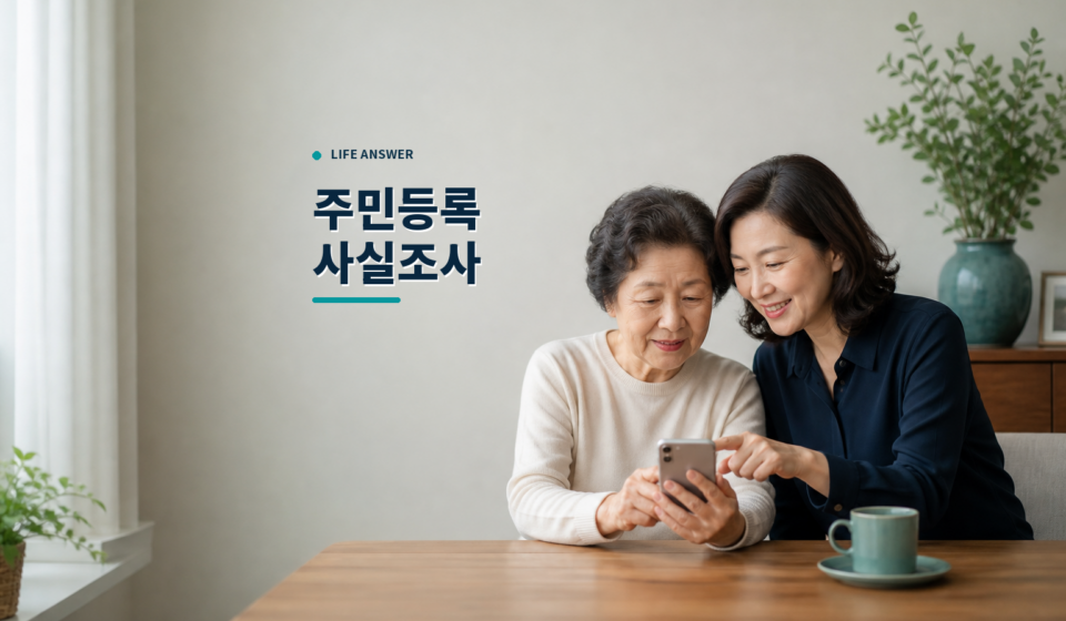 부모님과 자녀가 스마트폰으로 주민등록 사실조사 참여를 준비하는 모습