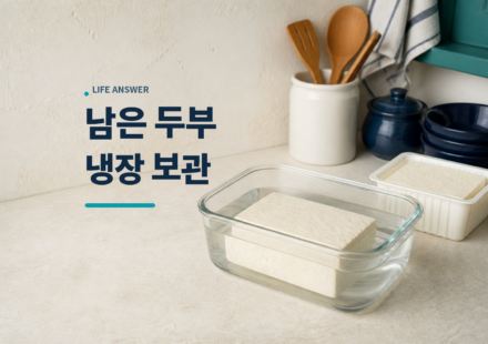 두부 보관법에 따라 남은 두부를 찬물에 담아 둔 유리 밀폐용기